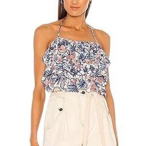 Line & Dot Floral Ruffle Halter Top - Pink and Blue